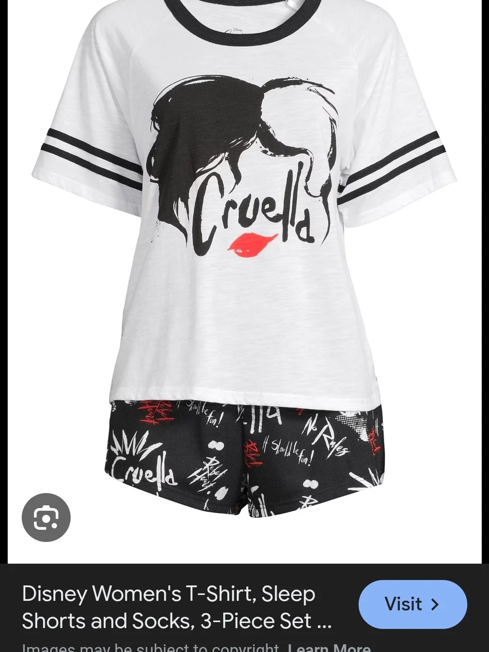Disney 3x Cruella White and Black Crewneck T-Shirt And Shorts Pajamad - Picture 1 of 15